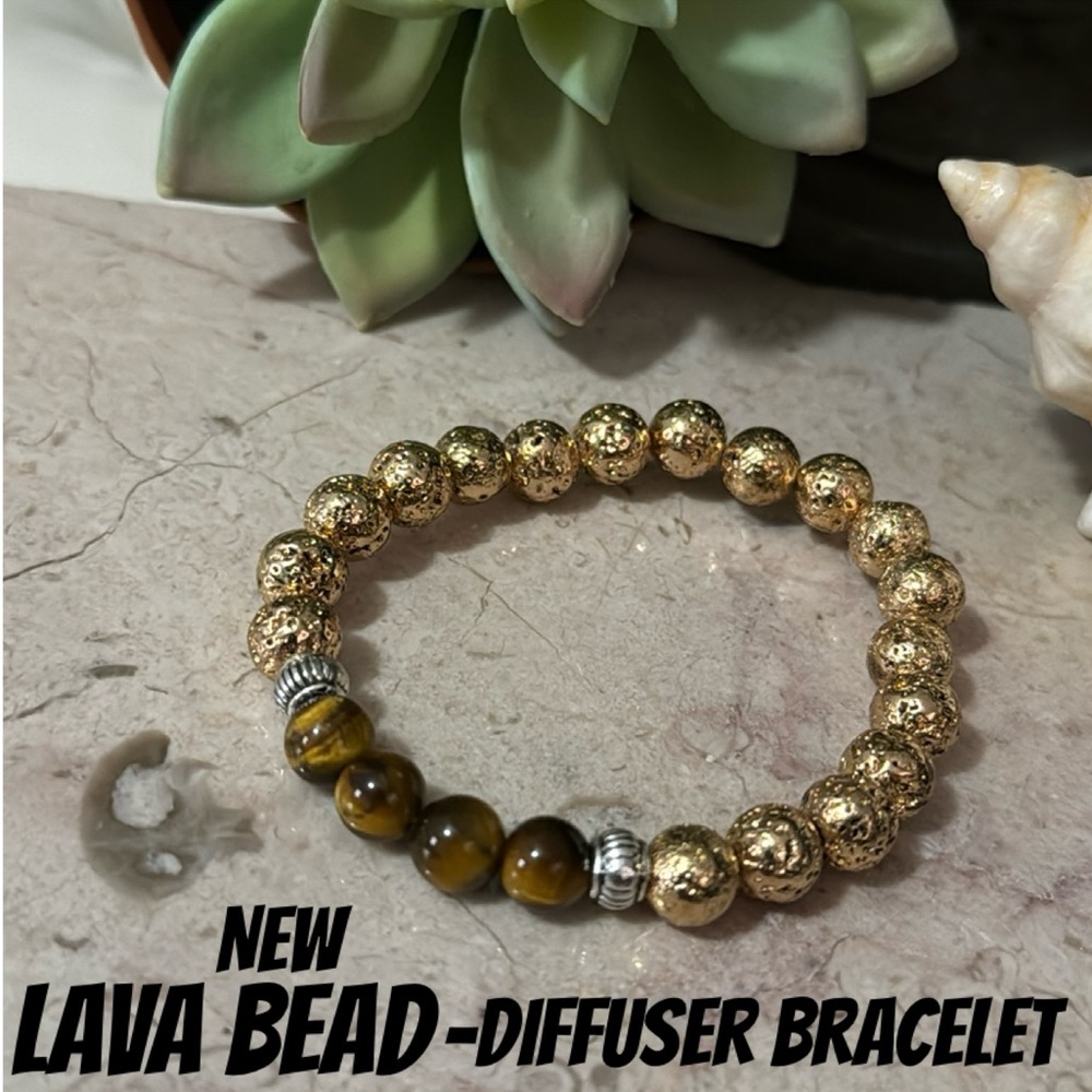 Lava Bead Diffuser Bracelet with Polished Tiger Eye Beads-Stretch Style-New